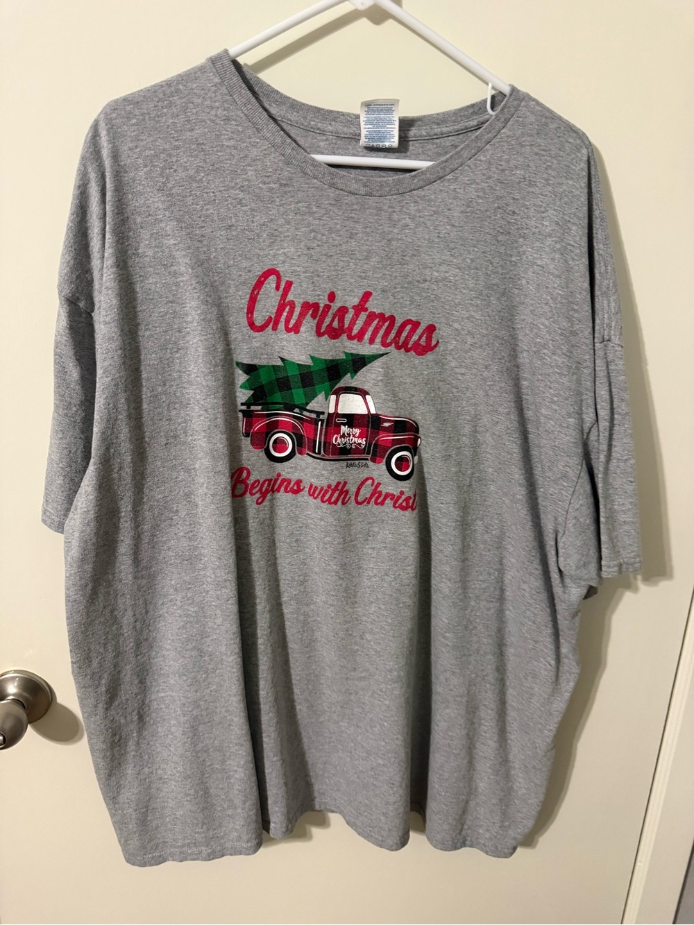 Delta Gray Tee with Red Truck and Green Plaid Tree